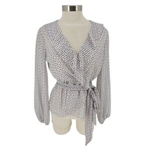 Max Studio Faux Wrap Blouse White Polka Dot Long Sleeve Ruffle VNeck Shirt Small